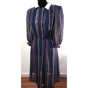 Vintage 1970s Sheer Stripe Walden Classics Cuffed Double Breasted Shift Dress